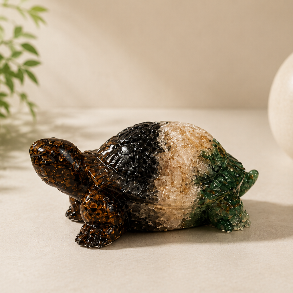 A small decorative turtle figurine with a glossy, marbled shell in black, beige, and green, placed on a light beige surface with a blurred plant and ceramic pot in the background.