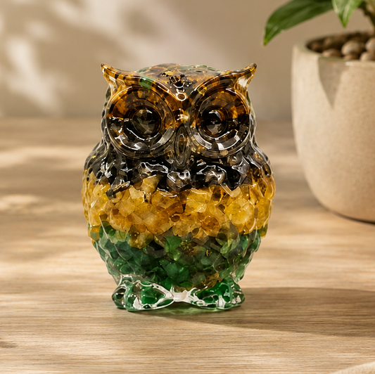 A decorative owl-shaped glass container with a marbled pattern of black, amber, yellow, and green, set on a wooden tabletop with a potted plant in the background.